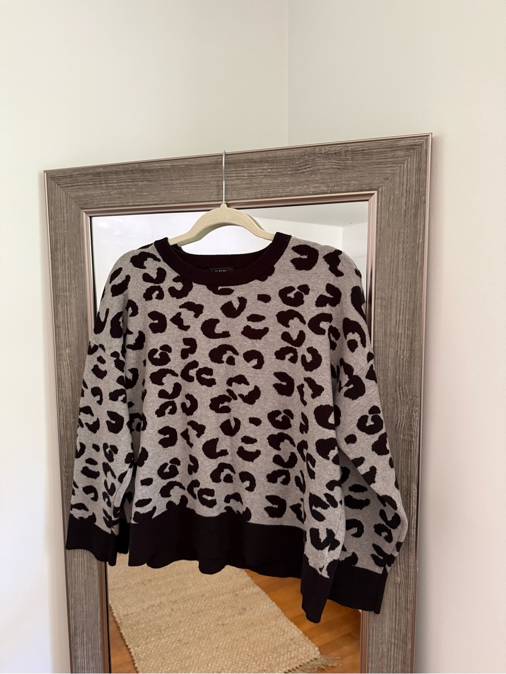 DKNY Women's Gray Leopard Print Crewneck Sweater